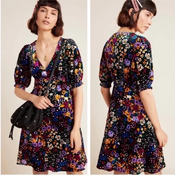 Anthropologie Francie Floral Velvet Dress Black Size 8 - Picture 2 of 9
